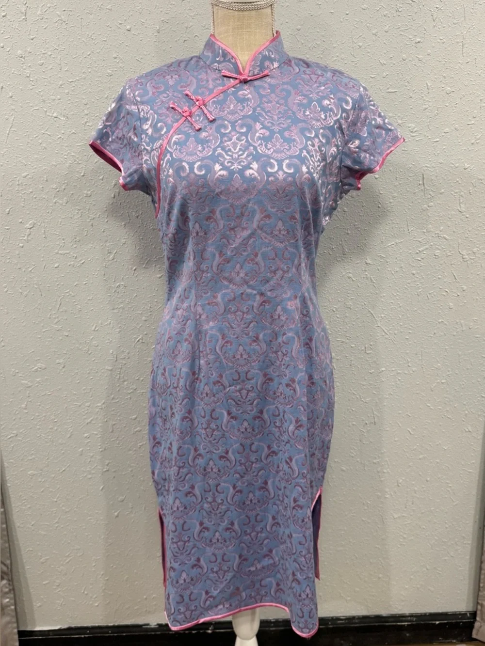 Lavender Midi Cheongsam Dress with‎ Pink Trim Y2K Style